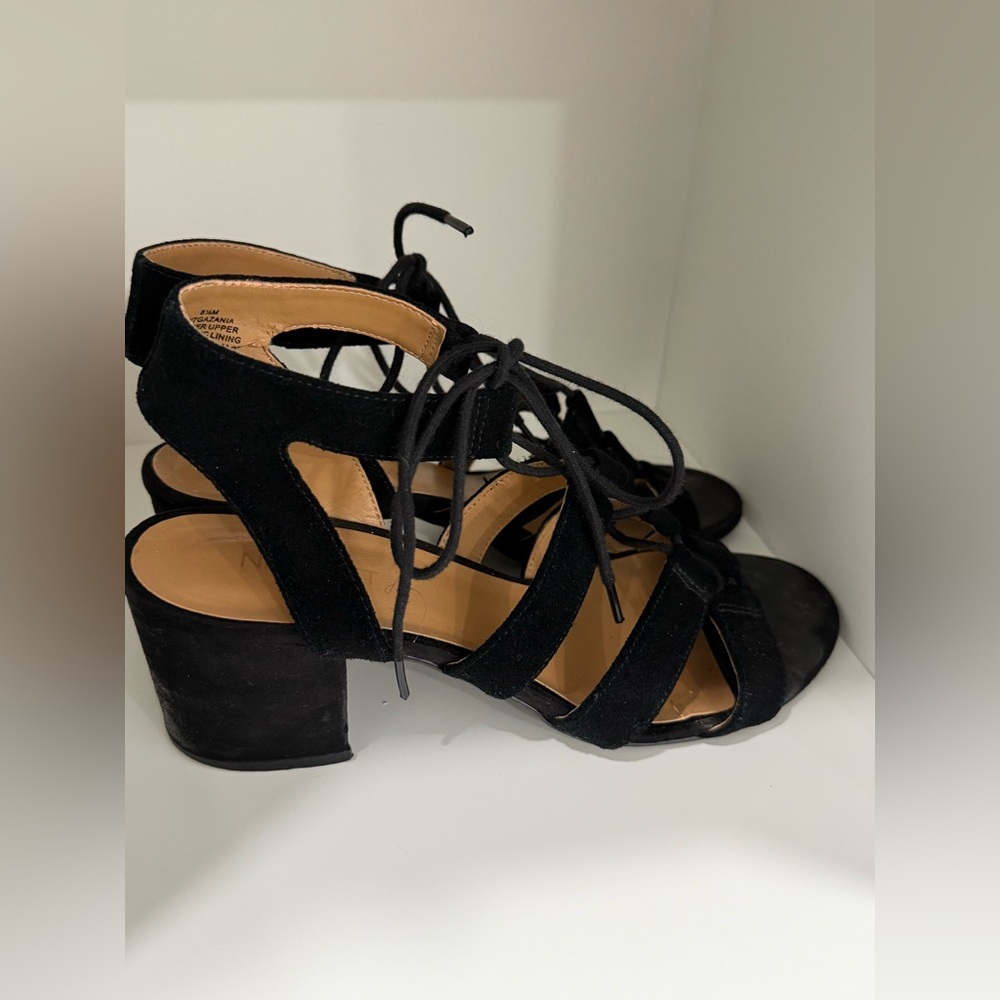 Nine West black suede strappy lace up heeled sandals (fair, very worn)